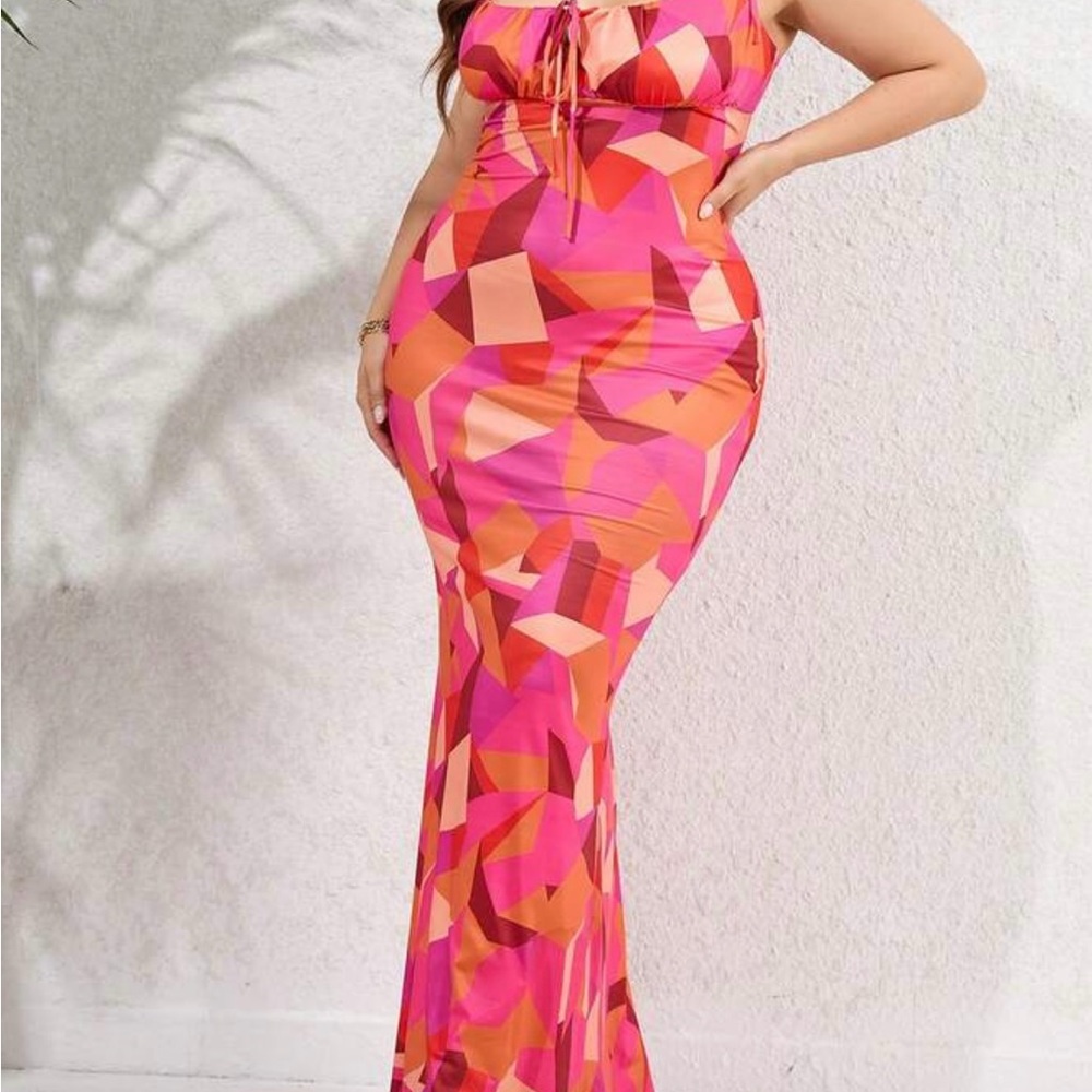 SHEIN Pink and Orange Geometric Maxi Dress